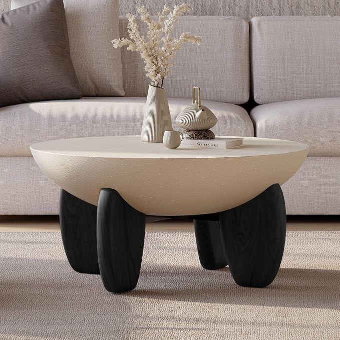 homary Round Concrete Coffee Table with Premium Walnut Ash Wood Legs, Modern Minimalist Cement Finish Center Table for Living Room (Black, 29.9" W x 29.9" D x 14.4" H)