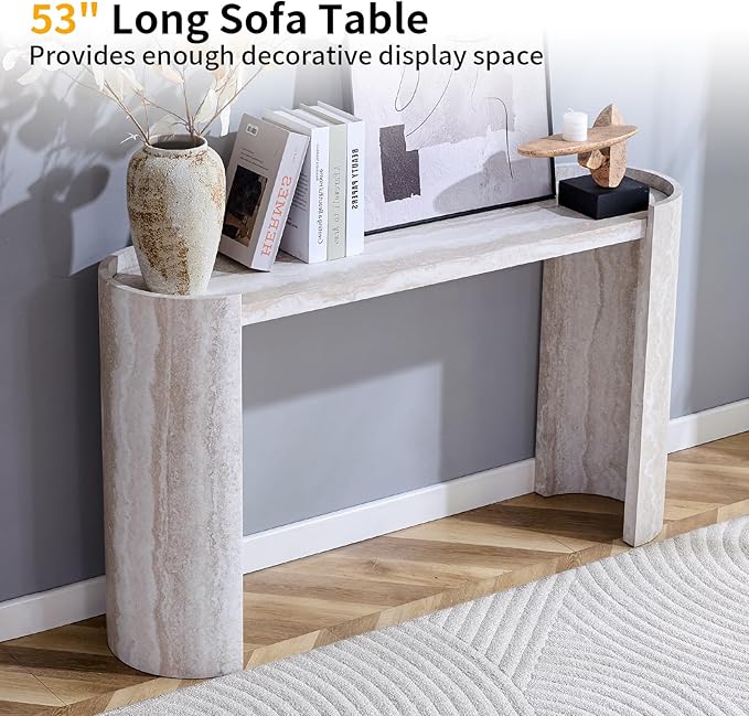 53" Console Table for Entryway, Narrow Sofa Entrance Table with Faux Mars Marble Pattern, Modern Sofa Tables with Round Raised Edge Design for Living Room, Hallway, Foyer, Home Office, Beige