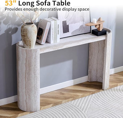 53" Console Table for Entryway, Narrow Sofa Entrance Table with Faux Mars Marble Pattern, Modern Sofa Tables with Round Raised Edge Design for Living Room, Hallway, Foyer, Home Office, Beige