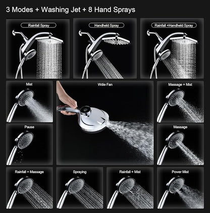 BOZYBO Rain Shower Head with Handheld: High Pressure Shower Heads with Handheld Spray Combo, 12" Rainfall Shower Head and 9 Sprays Hand Showerheads with Magnetic Docking and Power Jets, Chrome 1.75GPM