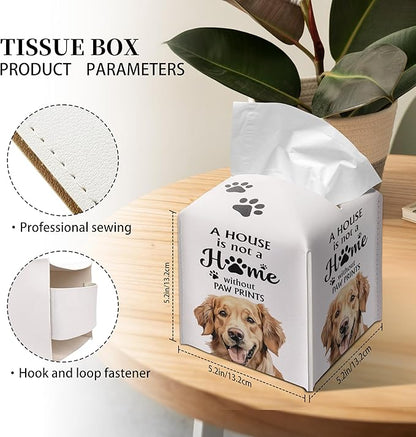 Grace Yonks Cute Golden Retriever Tissue Box Cover Square, Golden Retriever Dog Cube Case for Facial Tissues, 5.2" PU Leather(031)
