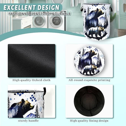 Bear Forest Laundry Basket Animal Bears Laundry Hamper Foldable Oxford Cloth Adventure Funny Tote Bag Clothes Toy Storage Bucket For Bathroom/Laundry Storage/Bedroom 18.9 x 16.5 Inch