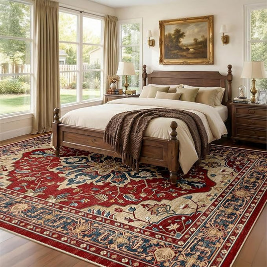 RELEANY Area Rugs 8'x10' Washable Non-Slip, Floral Vintage Distress Medallion Carpet for Living Room Bedroom Dining Room, Red Blue