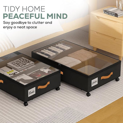 Under Bed Storage with Wheels, 2 Pack (36L Each)| Low Profile Storage Organizer with Clear Window, Double Zipper & 360° Locking Wheels – Rolling Metal Drawer for Clothes, Shoes, & More (Black)