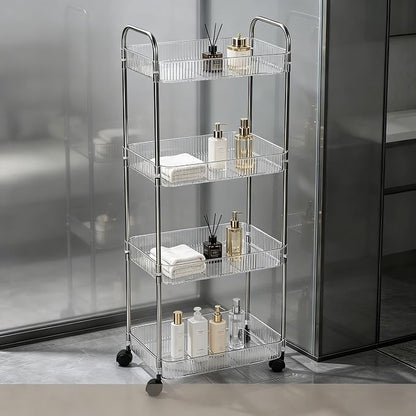 Sooyee Clear 4-Tier Plastic Rolling Utility Cart with Wheels, Multi-Functional Storage Trolley for Office, Living Room, Kitchen, Movable Storage Organizer with Wheels