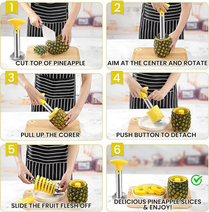 AUBENR Premium Pineapple Corer and Slicer Tool - Sharp Pineapple Cutter with Serrated Tips - Easy to Use and Clean - Stainless Steel Core Remover for Pineapple - Core Fruits with Ease(Yellow)