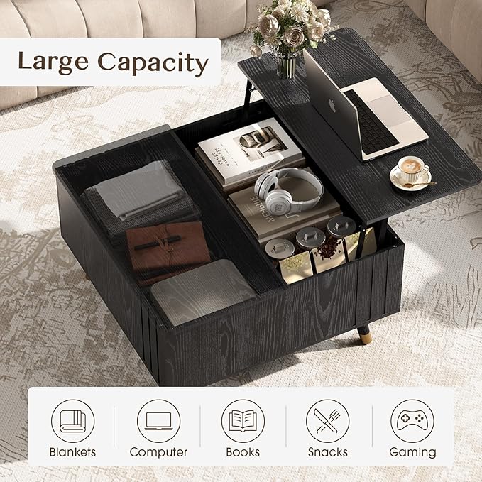 SULIVES Lift Top Coffee Table with Storage,Square Coffee Table with Lifting Top,Modern Center Table with Solid Wood Legs,Small Coffee Tables for Living Room,Black