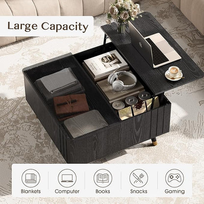 SULIVES Lift Top Coffee Table with Storage,Square Coffee Table with Lifting Top,Modern Center Table with Solid Wood Legs,Small Coffee Tables for Living Room,Black