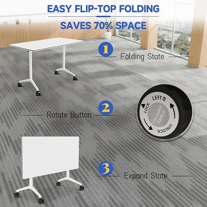8pcs 55.1 Inch Folding Conference Table with Silent Wheels,Mobile foldable Flip Top Rectangular Meeting Tables for Office Training classroom,Locking Rolling Modular White Desk for Space Saving