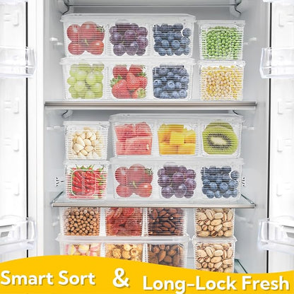 4 Pack Salad Bar Container for Fridge, Plastic Food Storage Organizer with Lid, Stackable Refrigerator Bins with 24 Individual Removal Boxes, Reusable Meal Prep Container for Fruit, Vegetable