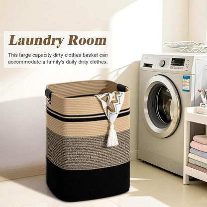 Laundry Hamper, 85L Tall Laundry Basket with Leather Handles, Rectangle Large Clothes Hamper for Organizing, Cotton Woven Laundry Baskets Storage Hampers for Bedroom, Nursery, Living Room