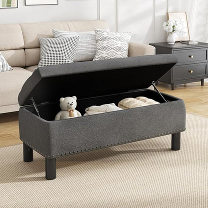 Furniliving Storage Bench, Upholstered Linen Ottoman Bench with Button-Tufted, Folding Bedroom Bench with Wood Legs, Entryway Bench for Bedroom, Grey