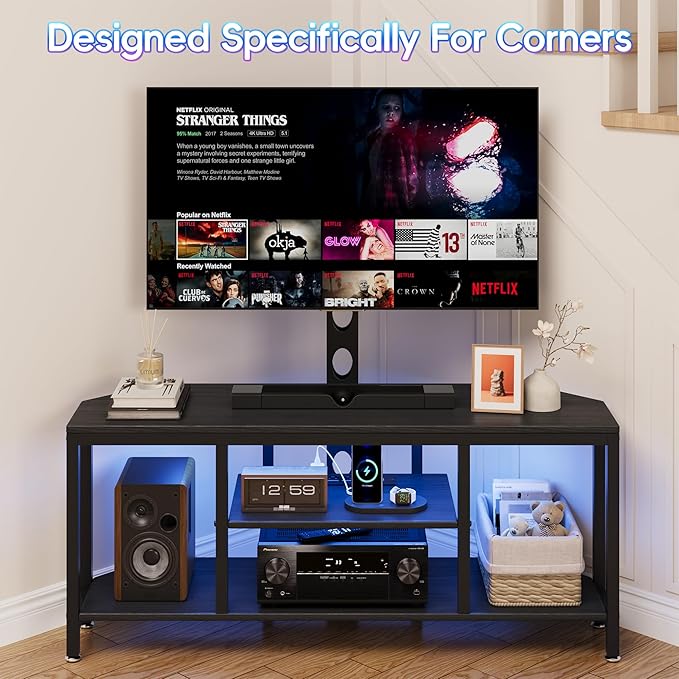 Corner TV Stand with Mount LED - Universal TV Mount Stand for 32-65" TV, Height Adjustable Swivel TV Console Wood & Steel Entertainment Center with Mount, Cabinet, Power Outlet, Colorful Light, Black