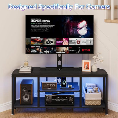 Corner TV Stand with Mount LED - Universal TV Mount Stand for 32-65" TV, Height Adjustable Swivel TV Console Wood & Steel Entertainment Center with Mount, Cabinet, Power Outlet, Colorful Light, Black