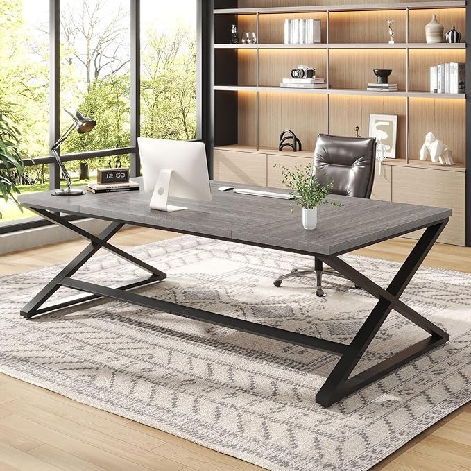 IBF Extra Large Desk, 78.7” Long Home Office Computer Desk, Simple Wide Work Desks for Writing Study in Bedroom, Industrial Wood Metal Game Desks Executive Workstation Conference Table, Light Grey Oak