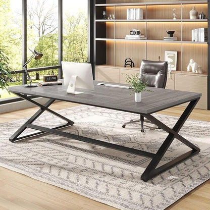 IBF Extra Large Desk, 78.7” Long Home Office Computer Desk, Simple Wide Work Desks for Writing Study in Bedroom, Industrial Wood Metal Game Desks Executive Workstation Conference Table, Light Grey Oak
