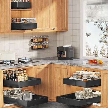 Seinloes 4 Pack Expandable (9"-14") Pull Out Cabinet Organizer 21" Deep With Raising Pad for Framed Cabinets,Upgrade 3 Slide Rails Slide Out Drawers,No Drill Roll Out Shelves Adhesive,Black