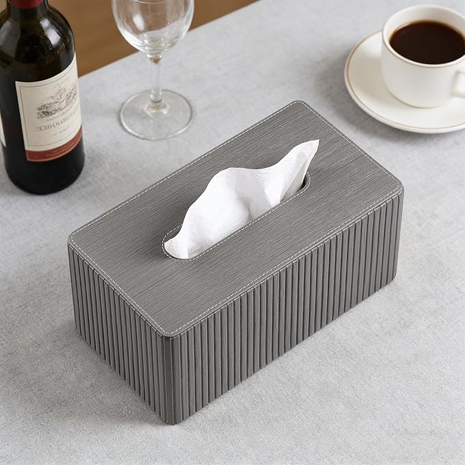 MEIBOOCH PU Leather Tissue Box Cover for 120(3-Ply)/ 160(2-Ply) Count Box of Tissues, Rectangle Tissue Box Holder for Bathroom Bedroom Living Room Office (Slate Grey Stripe)