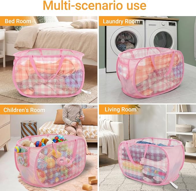 Sturdy Collapsible Laundry Baskets - Pop Up Laundry Hampers with Handy Pocket, Foldable Clothes Hamper with Reinforced Carry Handles for Bathroom, Kids Room, Dorm or Travel - Check Print, Pink