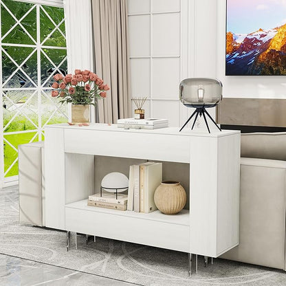 47" Narrow Console Table with Hidden Side Storage Cabinets, Adjustable Shelves, Modern Entryway Sofa Table for Behind The Couch, Living Room, Hallway, White