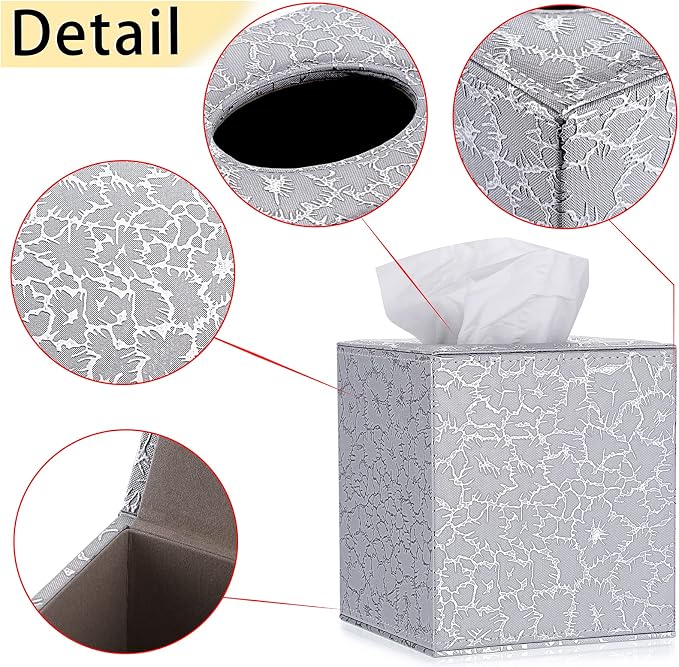 Sumnacon Square Leather Tissue Box Cover - Stylish Cube Tissue Box Holder with Magnetic Bottom, Decorative PU Tissue Box for Vanity Dresser Night Stand Table Countertop Home Office Car, Silver