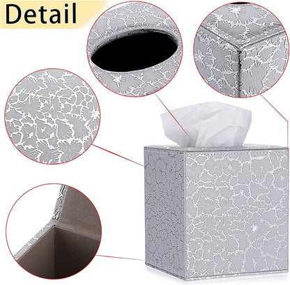 Sumnacon Square Leather Tissue Box Cover - Stylish Cube Tissue Box Holder with Magnetic Bottom, Decorative PU Tissue Box for Vanity Dresser Night Stand Table Countertop Home Office Car, Silver