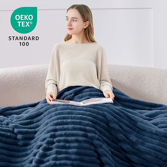 BEDELITE Full Size Blanket for Bed, 300GSM Soft & Warm Fleece Navy Blanket, Decorative and Giftable Striped Blankets for Women, Men, 84"x90"