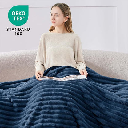 BEDELITE Full Size Blanket for Bed, 300GSM Soft & Warm Fleece Navy Blanket, Decorative and Giftable Striped Blankets for Women, Men, 84"x90"