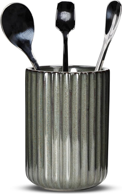 Ceramic Spoon Holder for Coffee Bar, Upright Tea Spoon Holder Cup, Coffee Stirrers Straws Stir Stick Holder, Cement Grey Fluted Surface