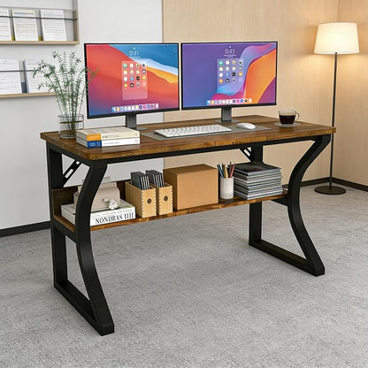 Computer Desk 47/55 Inch Home Office Desk with Storage Shelf & Cable Management, Wide Work Desk with Metal Legs for Home Office Study Bedroom (Brown-47inch)