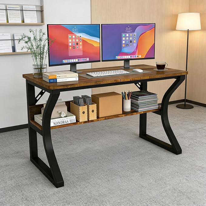 Computer Desk 47/55 Inch Home Office Desk with Storage Shelf & Cable Management, Wide Work Desk with Metal Legs for Home Office Study Bedroom (Brown-55inch)