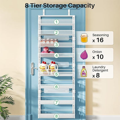 SNTD 8 Tiers Over the Door Organizer - Height Adjustable Pantry Organizers and Storage with Dense Mesh Baskets, Anti-Swing Hanging Door Spice Rack for Kitchen Bathroom (White, 17" W x 6" D x 69" H)