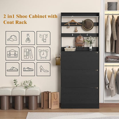 Tall Shoe Cabinet with Coat Rack, Hidden Shoe Storage Cabinet with Doors & Drawer, Hanging Bar & Hooks, Slim Narrow Freestanding Shoe Rack Organizer for Entryway, Hallway & Living Room, Black