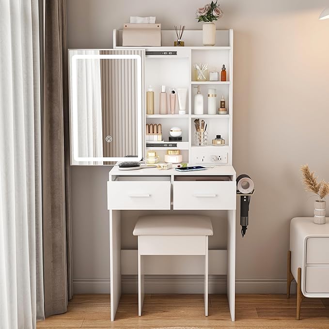 Vanity Desk with Mirror and Lights - Small Makeup Vanity Table Set with Power Outlet, Storage Drawers & Chair, 3 Lighting Modes & Adjustable Brightness, Dressing Table for Women Girls Bedroom, White