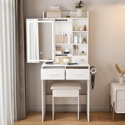 Vanity Desk with Mirror and Lights - Small Makeup Vanity Table Set with Power Outlet, Storage Drawers & Chair, 3 Lighting Modes & Adjustable Brightness, Dressing Table for Women Girls Bedroom, White