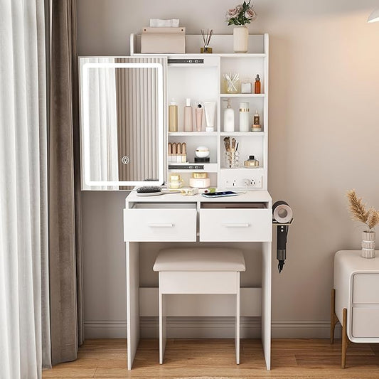 Vanity Desk with Mirror and Lights - Small Makeup Vanity Table Set with Power Outlet, Storage Drawers & Chair, 3 Lighting Modes & Adjustable Brightness, Dressing Table for Women Girls Bedroom, White