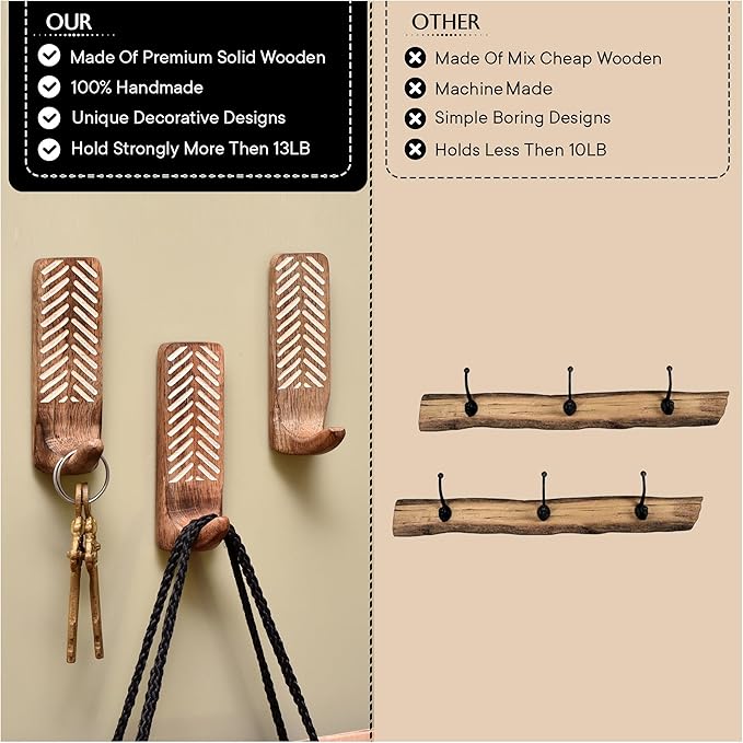 Indian Shelf Boho Decorative Wood Adhesive Wall Hooks for Hanging Coats, Keys, Leash, Hat, Towel Holder, Cute Sticky Key Holder, White and Brown Western Wall Décor (3 Hooks 6 Strips)