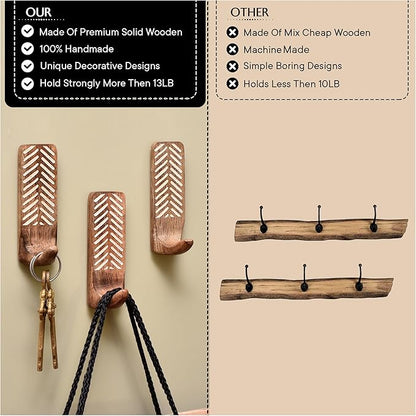 Indian Shelf Boho Decorative Wood Adhesive Wall Hooks for Hanging Coats, Keys, Leash, Hat, Towel Holder, Cute Sticky Key Holder, White Brown Western Wall Décor (6 Hooks 12 Strips)