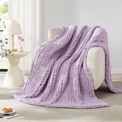 L'AGRATY Chunky Knit Blanket Throw: 72''x84'' Chenille Chunky Knitted Throw Blankets for Bed Couch - Handmade Thick Big Cable Knit Blanket - Large Crochet Rope Blankets for Home Decor(Purple)