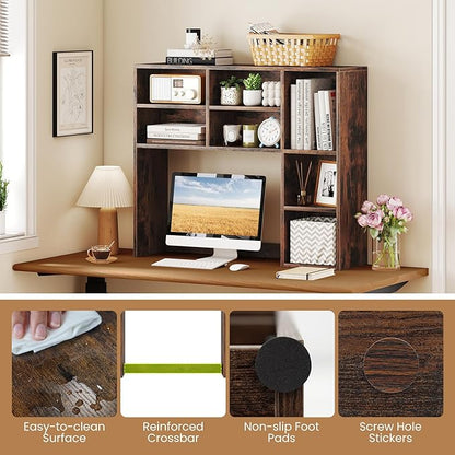 Desk Hutch, Desktop Shelf with 7 Shelves, Desk Bookshelf w/Anti-Toppling Devices, Wood Table Top Bookshelf Organizer, Small Desk Shelf for Study, Office, Dorm (Rustic Brown, 7 Shelves)