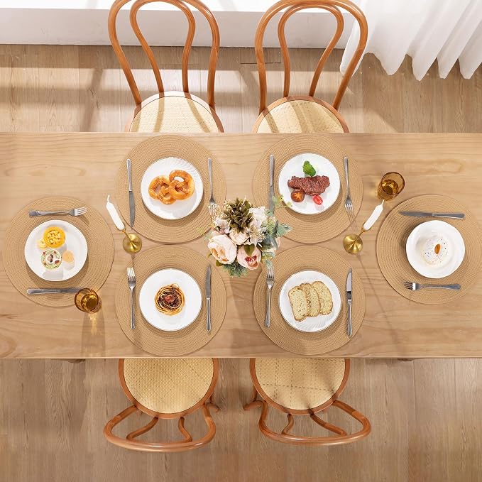 SHACOS 15 inch Round Braided Placemats Set of 4 Cotton Polyester Place Mats Washable Kitchen Dining Table Mats for Dinner Party Table Decor (Camel, 4)