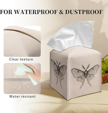 Grace Yonks Minimal Tissue Box Cover Square - Vintage Moth Study Design 5.2" PU Leather Holder for Vanity, Desk, or Bathroom Counter - Cube Case for Facial Tissues. (118)