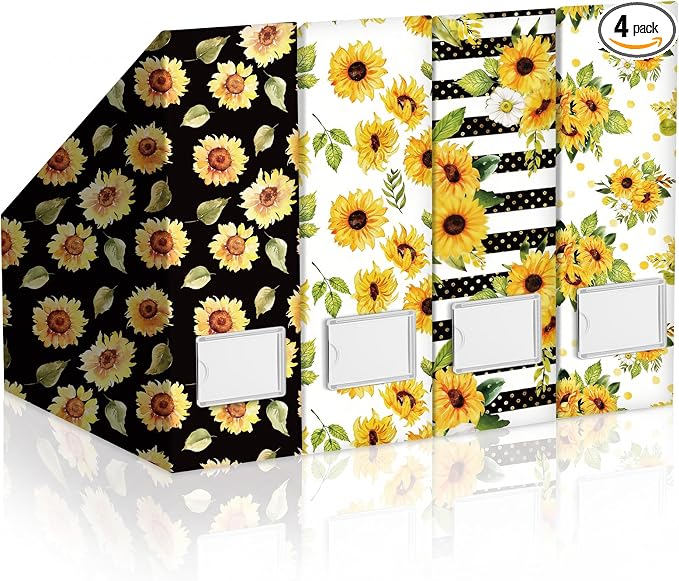AmazingSpark Set of 4 Sunflower Magazine Holder Decorative Foldable Magazine Storage Boxes with Acrylic Label Holders Coquettish Boho Organizer for Office Home Organization Storage