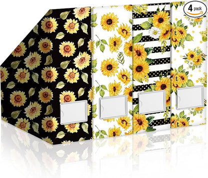 AmazingSpark Set of 4 Sunflower Magazine Holder Decorative Foldable Magazine Storage Boxes with Acrylic Label Holders Coquettish Boho Organizer for Office Home Organization Storage