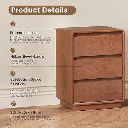Solid Wood Nightstand, Natural Wood Night Stand with 3 Drawers, Mid Century Modern Nightstand with Storage, Bedside Table for Bedroom, Office, Brown