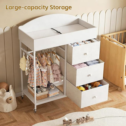 DTK Changing Table Dresser with Clothing Rack and Storage Shelf,3-Drawer Baby Dresser with Changing Table Top,Diaper Changing Station with Waterproof Pad,Mobile Dresser for Nursery,White
