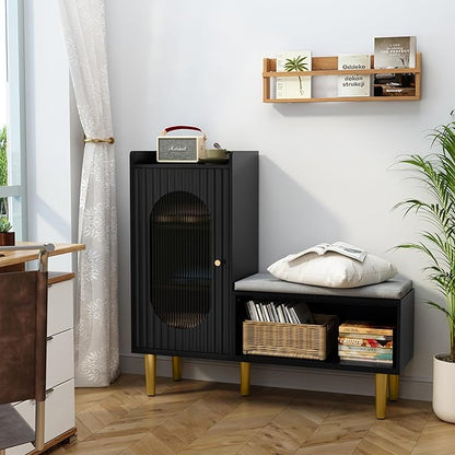 HLR Storage Bench Set of 2, Black Modern Entryway Shoe Cabinet Bench with Glass Door&Shelf, L-Shaped Storage Cabinet with Padded Seat for Hallway, Bedroom, Living Room, Office