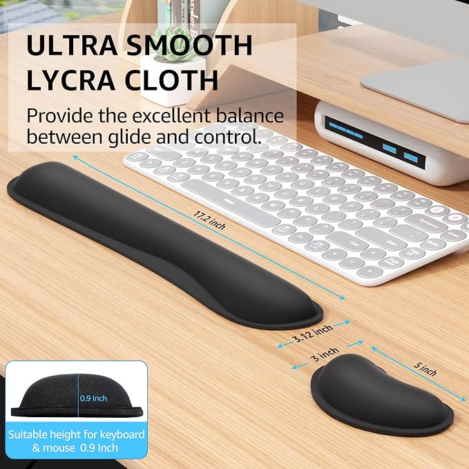 KTRIO Ergonomic Keyboard Wrist Rest & Mouse Wrist Rest Set, Black | Memory Foam Wrist Support, Ergonomic Design, Non-Slip Base, Office and Home Use