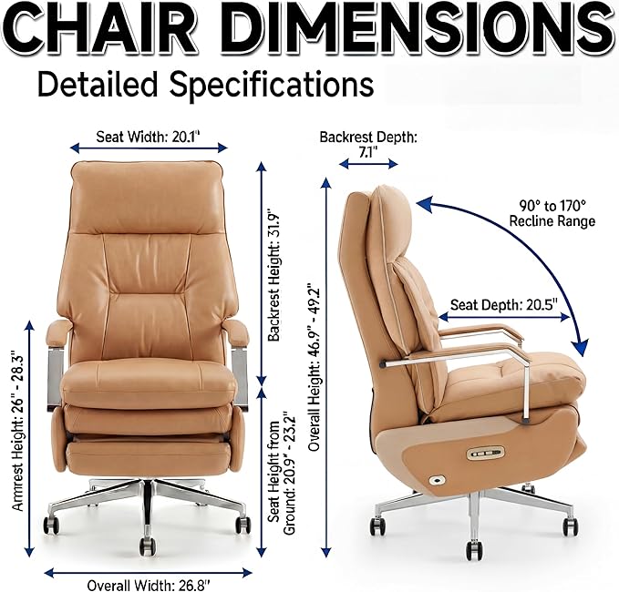 Dual Motor Executive Home Reclining Office Chair with Footrest - One-Click Electric Recline with Massage & Pillow Support Big and Tall PU Leather Ergonomic Desk Chair, High Back Wide Seat (Brown)