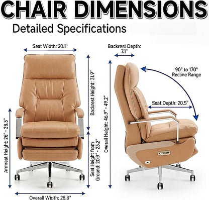 Dual Motor Executive Home Reclining Office Chair with Footrest - One-Click Electric Recline with Massage & Pillow Support Big and Tall PU Leather Ergonomic Desk Chair, High Back Wide Seat (Brown)